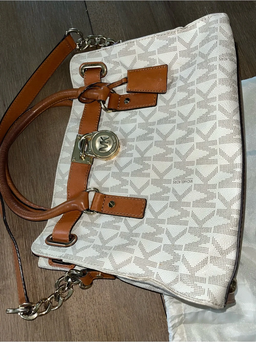 Michael Kors Cream & Brown Signature Satchel with Gold Hardware